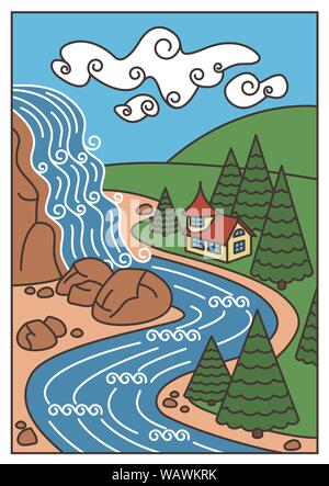 Illustration of Nature Landscape - Waterfall, River, Mountains and the beautiful house. Vector Card. EPS10 Stock Vector