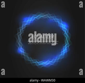 Blue round equalizer shape on black background. Realistic set of sound and radio wave. Digital voice graphic design, vector illustration. Stock Vector
