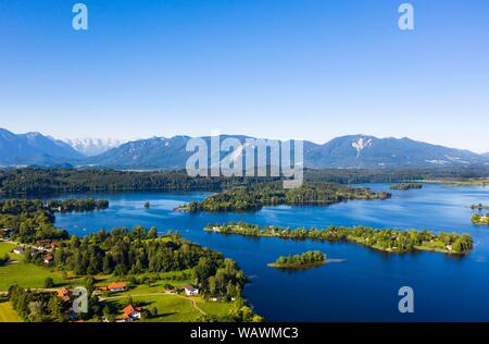 View of Lake Staffelsee with Gradeninsel island, Buchau island and Worth island, Alpenvorland, Upper Bavaria, Bavaria, Germany Stock Photo