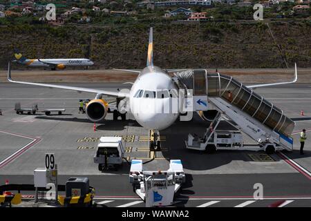 Airbus A320 Condor Thomas Cook at check-in, Madeira Cristiano Ronaldo Airport, Aeroporto Internacional da Madeira Cristiano Ronaldo, Madeira Island Stock Photo