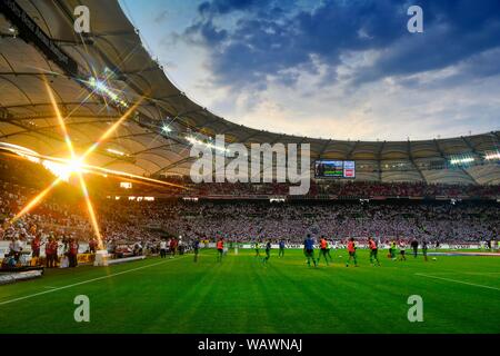 Football stadium at a football match at the blue hour, Mercedes-Benz Arena, Stuttgart, Baden-Wurttemberg, Germany Stock Photo