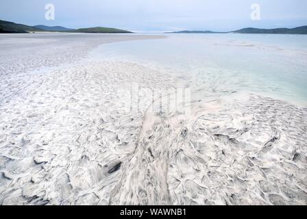 Seilebost Beach at low tide, structures in the sand, Isle of Harris, Scotland, United Kingdom Stock Photo