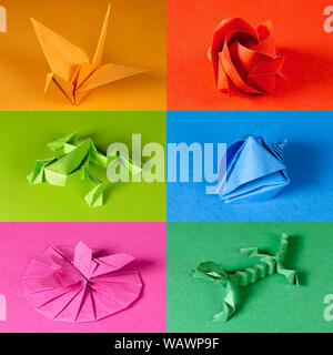 Colored origami paper figures on color backgrounds. Crane, rose, frog, sea shell, butterfly on flower and lizard. Japanese paper folding art. Stock Photo