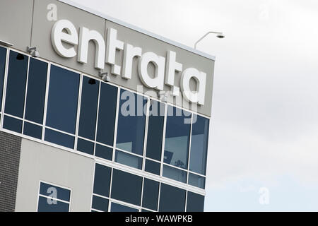 A logo sign outside of the headquarters of Entrata, Inc., in Lehi, Utah on July 27, 2019. Stock Photo