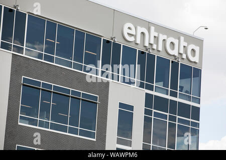 A logo sign outside of the headquarters of Entrata, Inc., in Lehi, Utah on July 27, 2019. Stock Photo