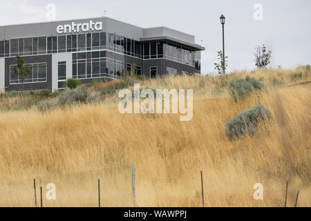 A logo sign outside of the headquarters of Entrata, Inc., in Lehi, Utah on July 27, 2019. Stock Photo