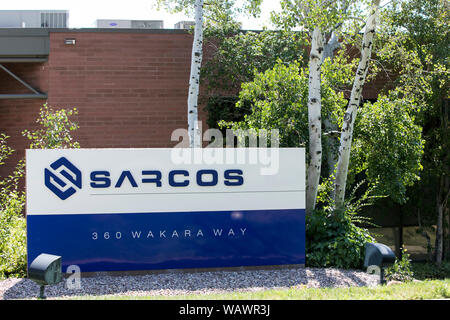 A logo sign outside of the headquarters of Sarcos in Salt Lake City, Utah on July 28, 2019. Stock Photo