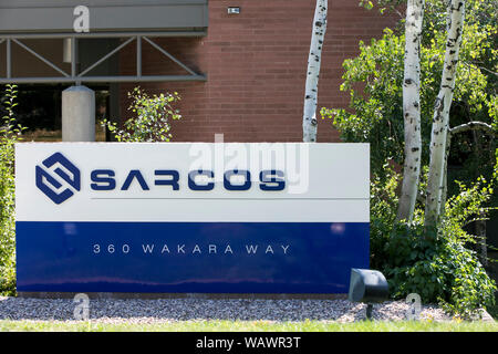 A logo sign outside of the headquarters of Sarcos in Salt Lake City, Utah on July 28, 2019. Stock Photo