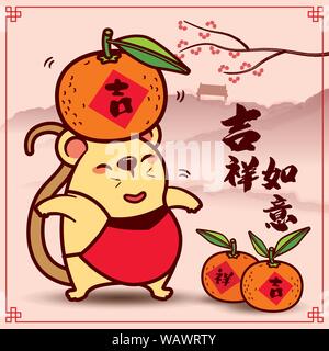 Happy New Year 2020. Chinese New Year. The year of rat. Cartoon little rat with mandarin orange on top of head. Translation: Very best luck in the new Stock Vector