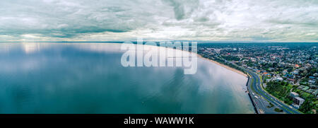 Port Phillip Bay coastline near Frankston suburb in Melbourne, Australia - wide aerial panorama Stock Photo