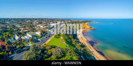 Aerial landscape of Beach Road and Black Rock suburb on beautiful Port Phillip Bay coastline in Melbourne, Australia Stock Photo