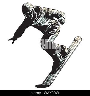 Snowboarder at jump on white background Stock Vector