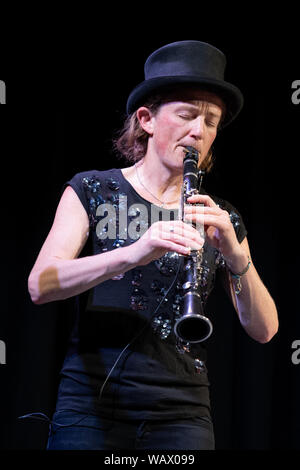 Susi Evans of the London Klezmer Quartet playing klezmer music on the clarinet during the Klezfest music festival in London, August 2019. Stock Photo