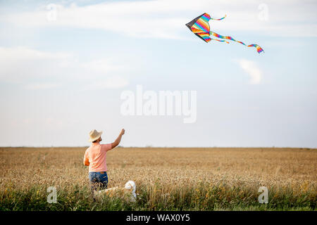 Man launching colorful air kite on the field while walking with dog Stock Photo