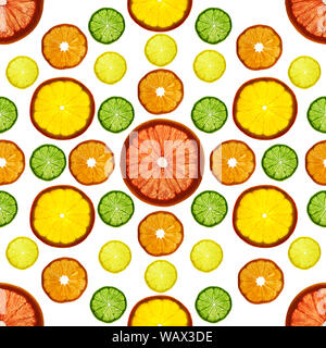 Transparency sliced colorful fruits on white background. Rings of grapefruit, lemon, tangerine and orange Stock Photo