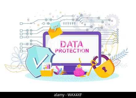 Data Protection Software. A computer under lock and security shield Stock Vector