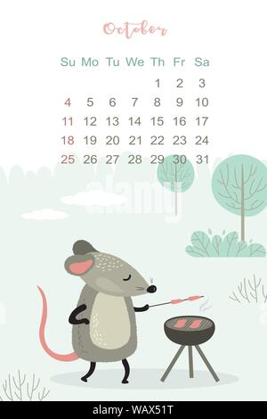 October month 2020 template design. Calendar 2020 with funny and cute rat. Vertical layout. Animal character cooking on the barbecue. Mouse on BBQ par Stock Vector