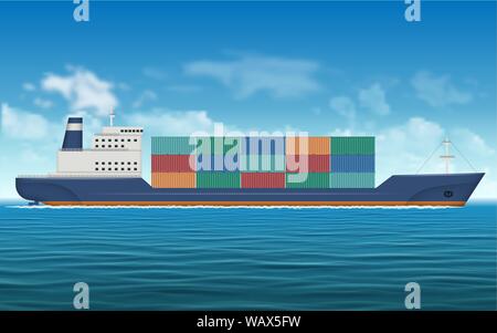 Cargo ship carrying containers by the sea. Logistics and transportation vector background Stock Vector