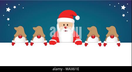 cute happy santa claus with glasses and his gnomes white banner vector illustration EPS10 Stock Vector