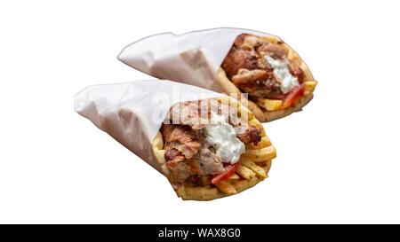 Gyro pita, shawarma, take away, street food. Traditional greek turkish, meat food isolated cut out on white background Stock Photo