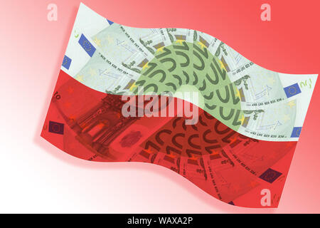 Poland and EU financial cooperation concept. Polish flag overlaid with euro banknote pattern waves on red and white national colors background. Zloty Stock Photo