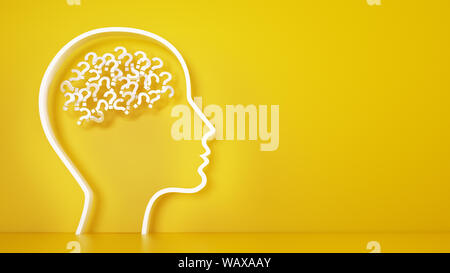 Big head with question marks inside brain on a yellow background. 3D Rendering Stock Photo