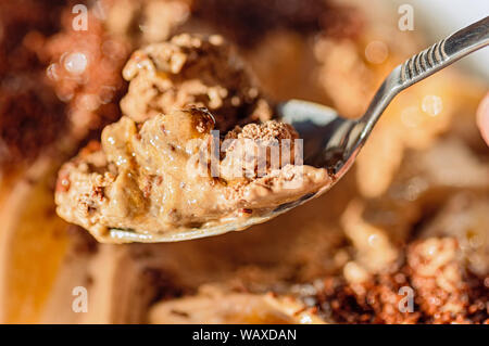 Chocolate ice cream on a spoon close-up. Chocolate chips, apricot filling. Stock Photo
