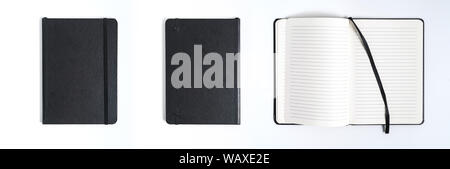 Notebook mock up with clean black blank for design and advertising. Notepad with chromed spring and free copy space template. On the gray background. Stock Photo
