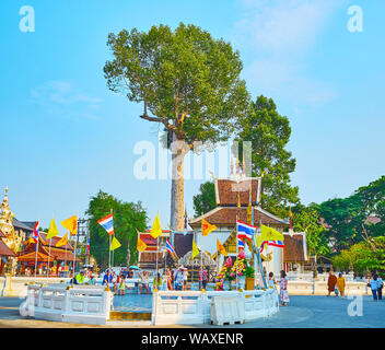 CHIANG MAI, THAILAND - MAY 2, 2019: The shady square in Wat Chedi Luang Buddhist complex with circle rest zone, decorated with flags and tall dipteroc Stock Photo