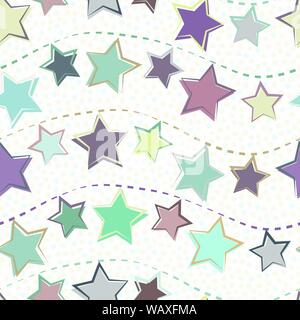Winter pastel stars holiday garlands in pink, teal, purple. Seamless vector pattern on dotted textured background. Great for Christmas holiday Stock Vector