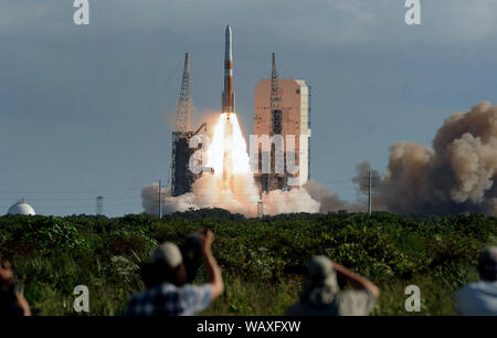 A United Launch Alliance Delta IV rocket in space at complex 37 in Cape Canaveral Air Force Station carrying the second GPS III Magellan spacecraft to a medium earth orbit for the U.S. Air Force. Stock Photo