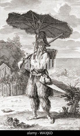Robinson Crusoe, eponymous hero of English author Daniel Defoe’s 1719 novel.  Daniel Defoe, 1660-1731, was born Daniel Foe.  After an 18th century work by Bernard Picart. Stock Photo