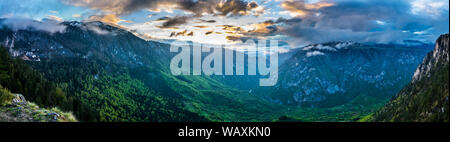 Montenegro, XXL panorama of tara river canyon nature landscape from aerial view of mount curevac in spectacular dawning light in durmitor national par Stock Photo