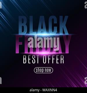 Poster for Black Friday sale. Glowing neon text with flying paticles. Modern design for your business project. Purple and blue rays. Vector illustrati Stock Vector
