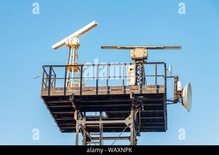 Military coastal radar stations. Against the background of blue sky Stock Photo