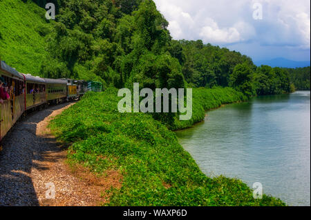 Bryson, North Carolina, USA - August 3, 2019:  View of Nantahala Lake as seen from one of many passenger cars on a train traveling through the Nantaha Stock Photo