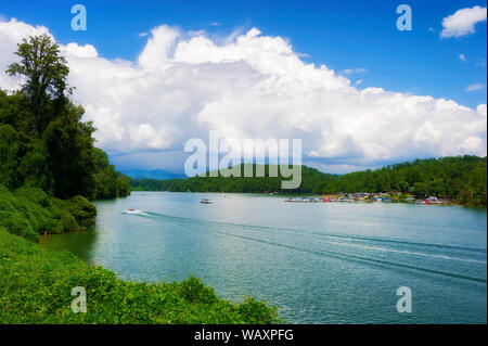 Lake activities, boating,marina seen from a moving train traveling through the Nantahala National forest. Stock Photo