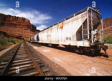 USA. Utah.  Potash. Abandoned railroad trucks in canyon. Stock Photo