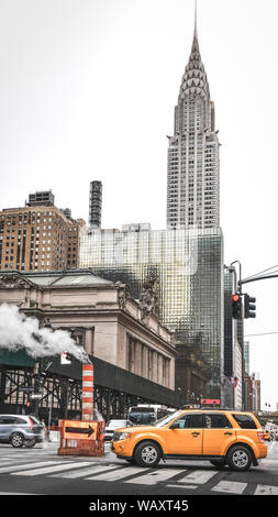 42nd Street Panorama. Grand Central Terminal Station Facade, buildings and taxi. NYC, USA Stock Photo