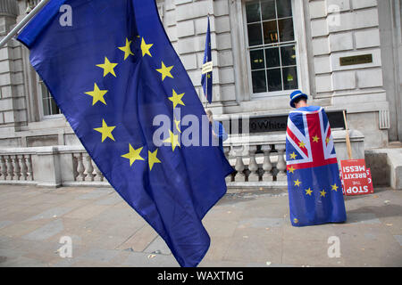 Anti Brexit protesters waving European Union flags outside the Cabinet Office in Westminster as inside the Tory Cabinet meets to discuss Brexit on 16th August 2019 in London, England, United Kingdom. Stock Photo