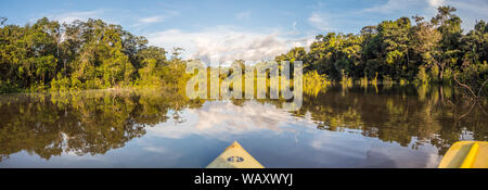 Amazonia. Panoramic, sunset view seen from the kayak. Coati Lagoon near the Javari River, the tributary of the Amazon River. Selva on the border of Br Stock Photo