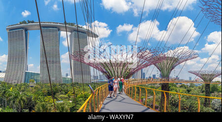 The OCBC Skyway, an aerial walkway in the Supertree Grove, looking towards Marina Bay Sands, Gardens by the Bay, Singapore City, Singapore