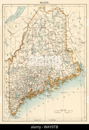 Map of Maine, 1870s. Color lithograph Stock Photo