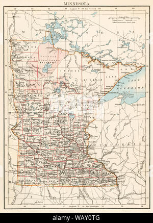 Map of Minnesota, 1870s. Color llithograph
