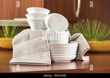 Set bowl gourmet restaurant white and wood Stock Photo
