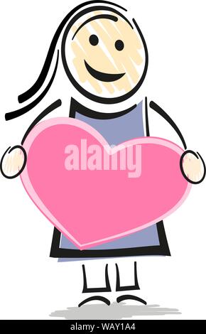 female stick figure character holding big pink heart vector illustration Stock Vector