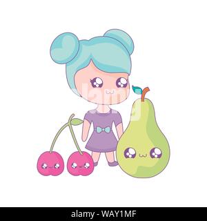 cute little girl with fruits kawaii style vector illustration design Stock Vector