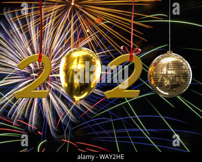 New Year 2020 date composed of golden digits, ballon and shiny disco ball against fireworks Stock Photo