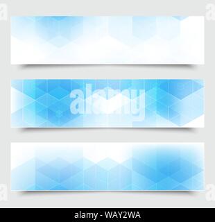 Vector abstract blue horizontal banners with geometric hexagonal background Stock Vector