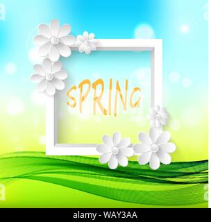 Spring natural Sunny background with white frame and white delicate paper flowers. Stock Vector